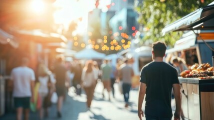 Fototapeta premium City street fair, man walking, bustling crowd