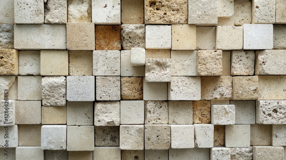 Poster a detailed close-up view showcasing a textured wall composed of interlocking white and brown bricks,
