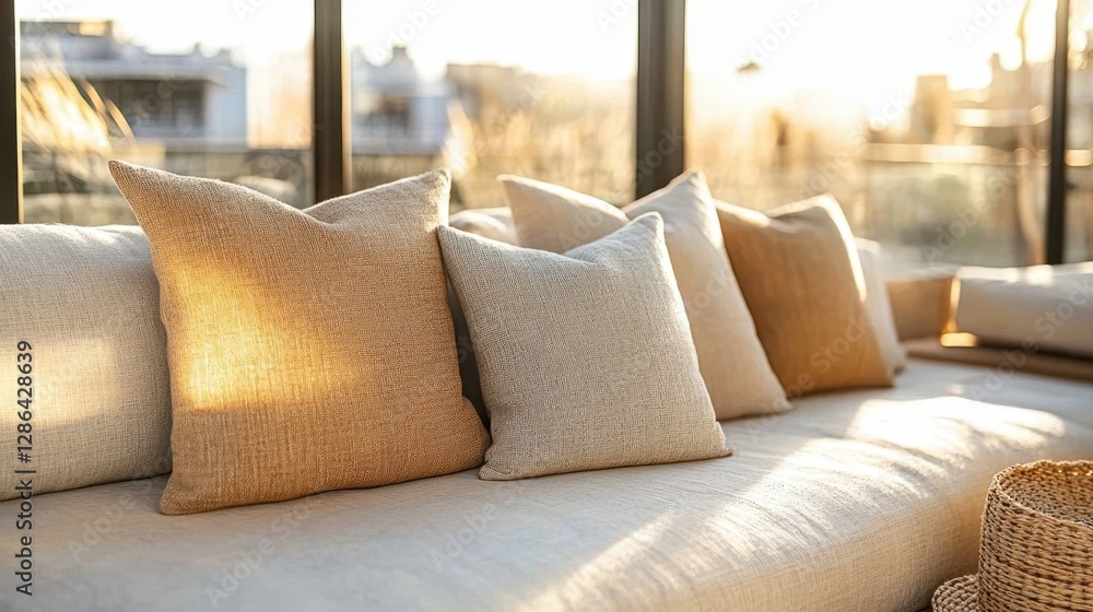 Poster a cozy sofa adorned with pillows and a decorative basket sits elegantly in front of a bright window,