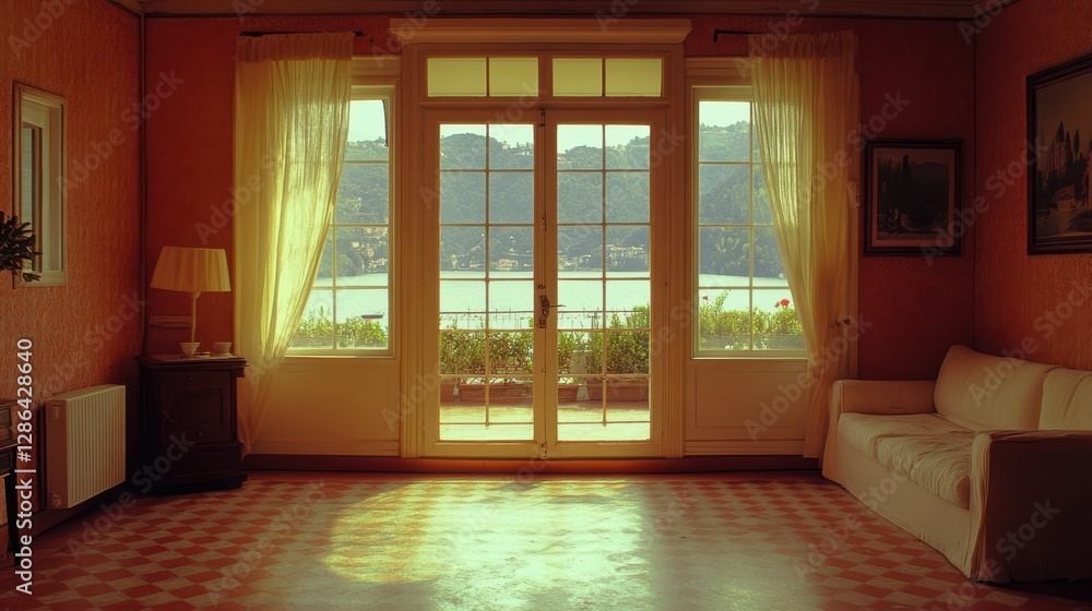 Poster a cozy room features a comfortable couch beside a window that offers an inviting view, creating a pe