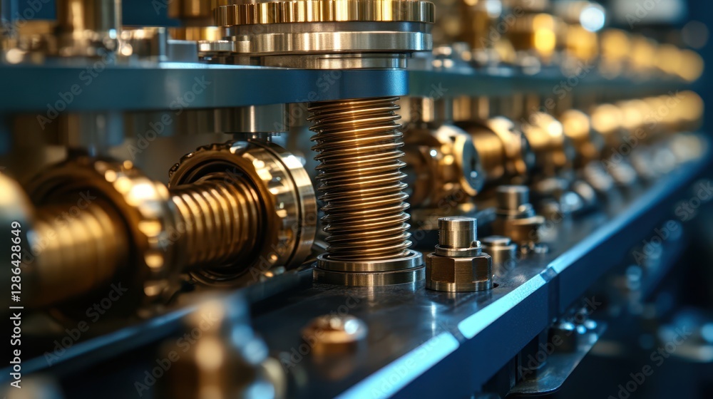 Poster a detailed close-up view of a complex machine showcasing numerous intricate metal components and par