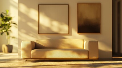 Sunlit Living Room Interior Design: Beige Sofa, Artwork, and Golden Hour Light