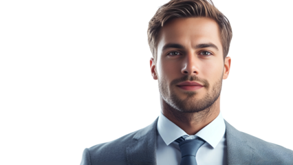 a portrait of a handsome man in a gray suit, exuding confidence and professionalism