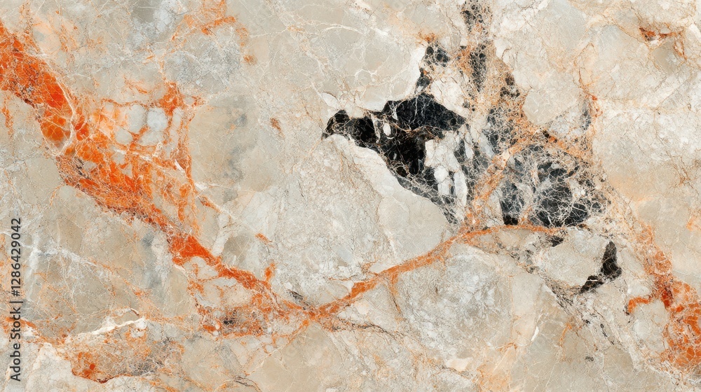 Poster a close-up view of a marble wall showcasing an intricate blend of orange and black paint, highlighti