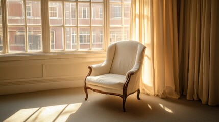 A plush chair positioned elegantly by a window, adorned with a flowing curtain that enhances the cozy ambiance of the space.