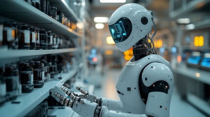 Fototapeta premium Robot stocking shelves in warehouse, automated inventory