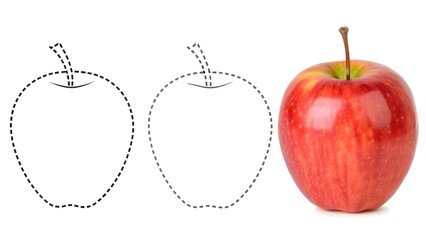 Obraz premium Apple tracing worksheet for kids with dotted outline and colored apple, fun preschool educational activity for handwriting and learning