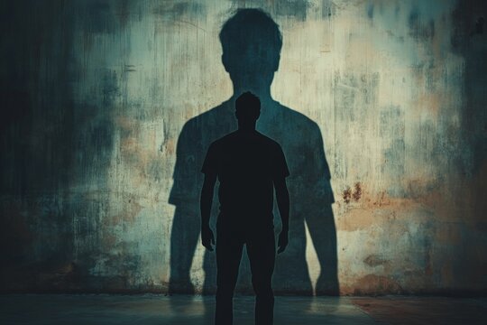 Silhouette of man looking at his big shadow on grunge wall, depicting his alter ego, ambition or self esteem