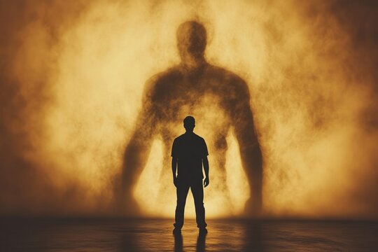 Silhouette of man facing his giant smoky shadow self in dark room with orange light