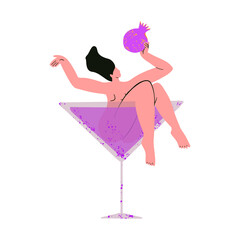 Woman in cocktail glass with pomegranate in hand. Elements for 8 march, birthday party. Cartoon vector illustration