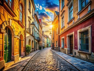 Obraz premium Panoramic City Alleyway Photography: Narrow Street, Urban Scenery, Detailed Architecture, High-Resolution Image