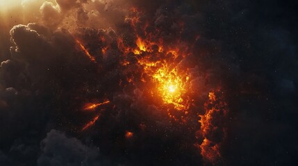 Fototapeta premium Fiery celestial clouds with bright golden center amidst dark cosmic space