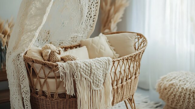 Boho style baby crib with macram?(C) accents and neutral colored bedding on lounch background