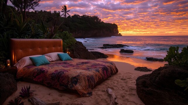 Romantic beach setup with a cozy bed at sunset, surrounded by lush vegetation and rocky shores