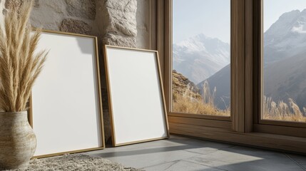 Two empty frames rest on the floor near a window, showcasing a serene mountain view outside, inviting creativity and inspiration.