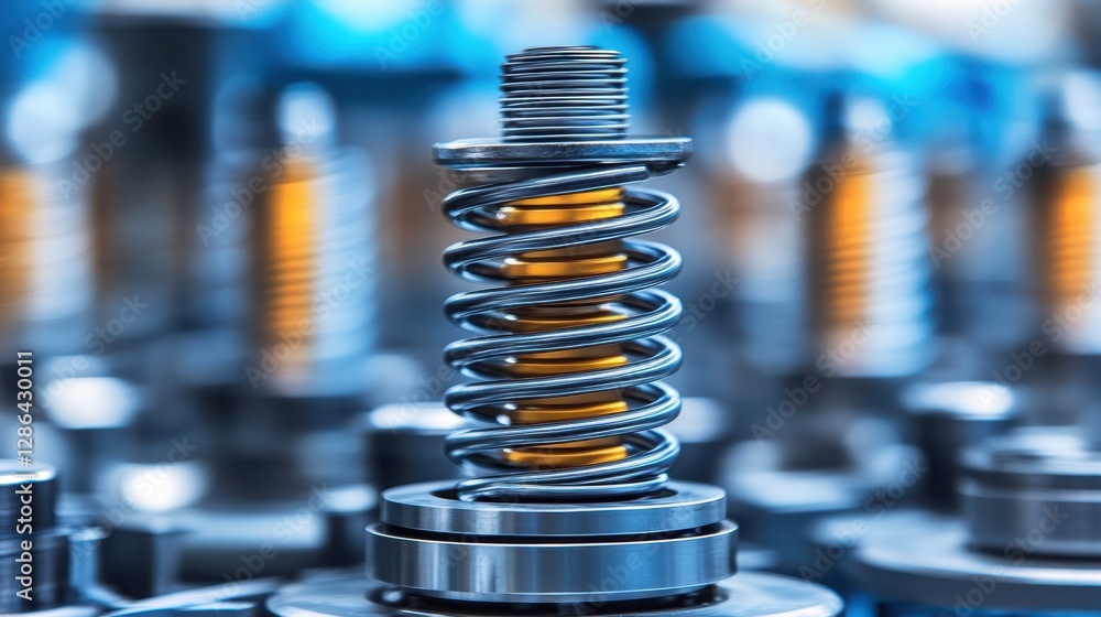 Poster a detailed close-up view of a metallic spring used in machinery, showcasing its coiled structure and