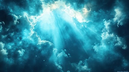 Obraz premium A serene image capturing a blue sky adorned with fluffy clouds and radiant sunbeams, evoking a sense of tranquility and warmth.