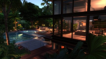 Fototapeta premium Modern glass house with a pool surrounded by lush greenery during twilight hours