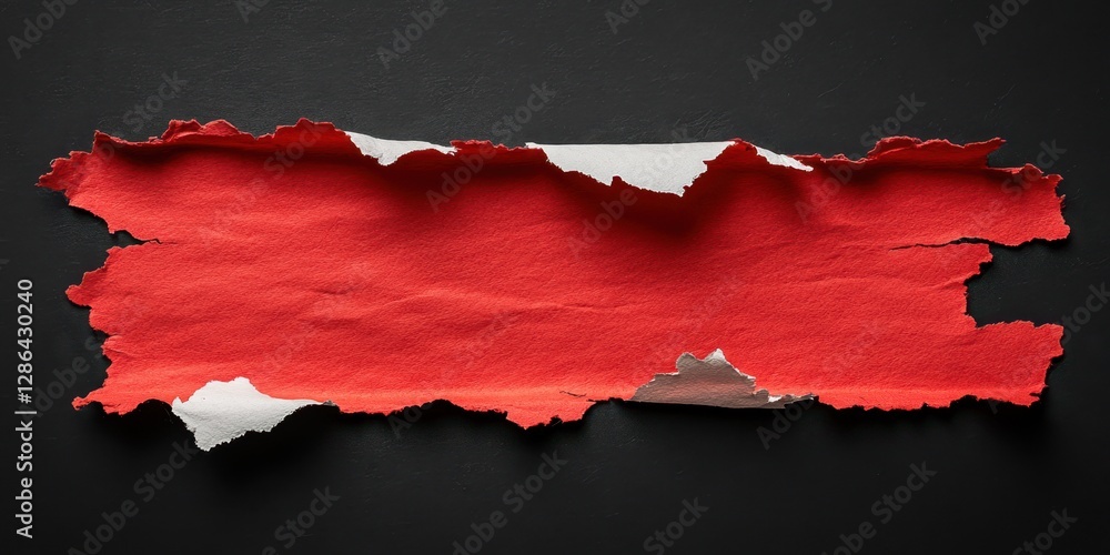Poster torn red paper fragment rests on a dark surface, showcasing its textured edges and vibrant color con