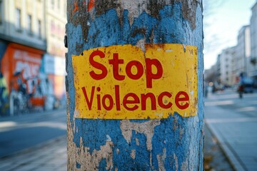 Promoting peace with a vibrant stop violence sign on a weathered city post