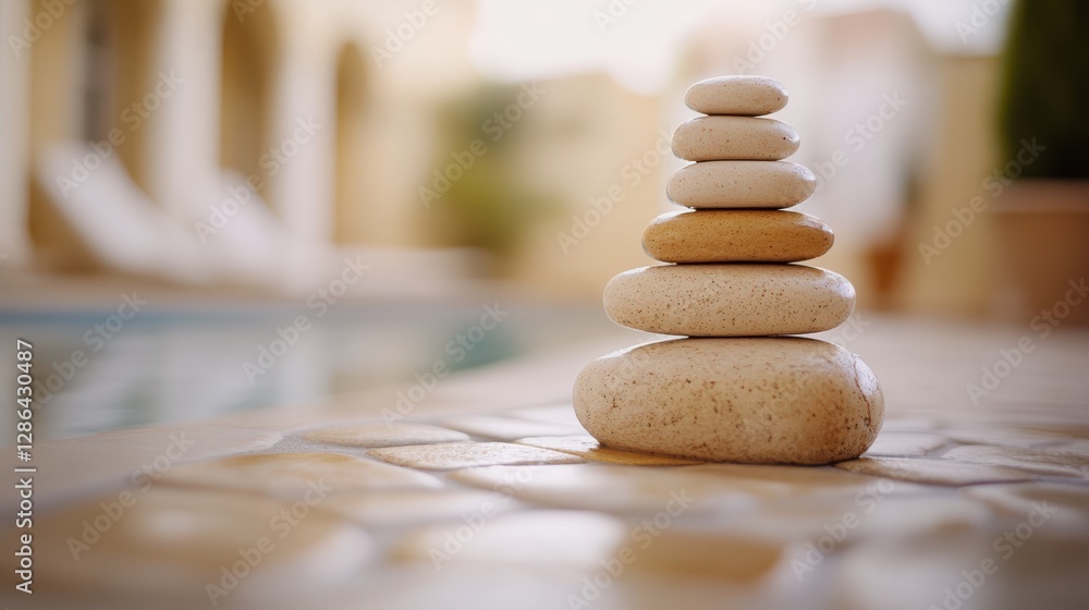 Poster a carefully arranged stack of rocks rests on a tiled floor beside a serene swimming pool, creating a