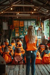 Naklejka premium Woman stands in front of a group of people wearing orange vests