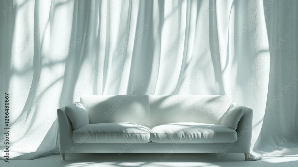 Poster a modern white couch positioned elegantly in front of a draped curtain, creating a stylish and invit