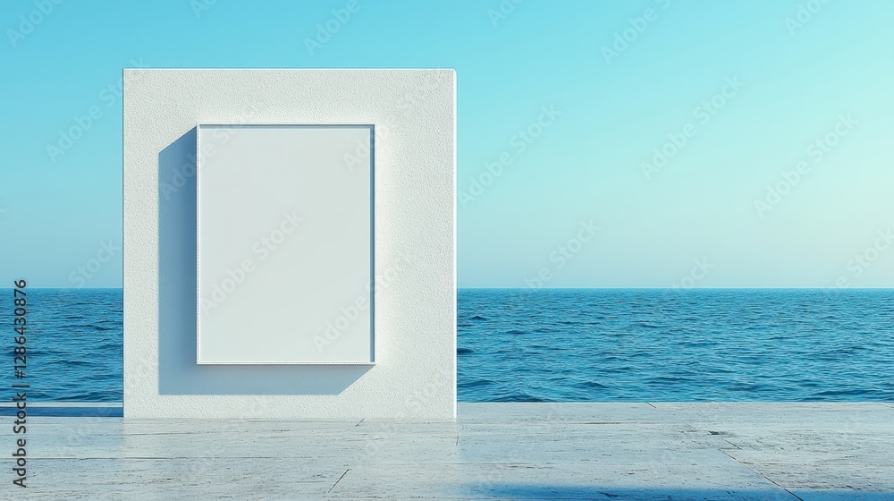 Poster a white frame is mounted on the wall near a body of water, creating a serene and inviting atmosphere