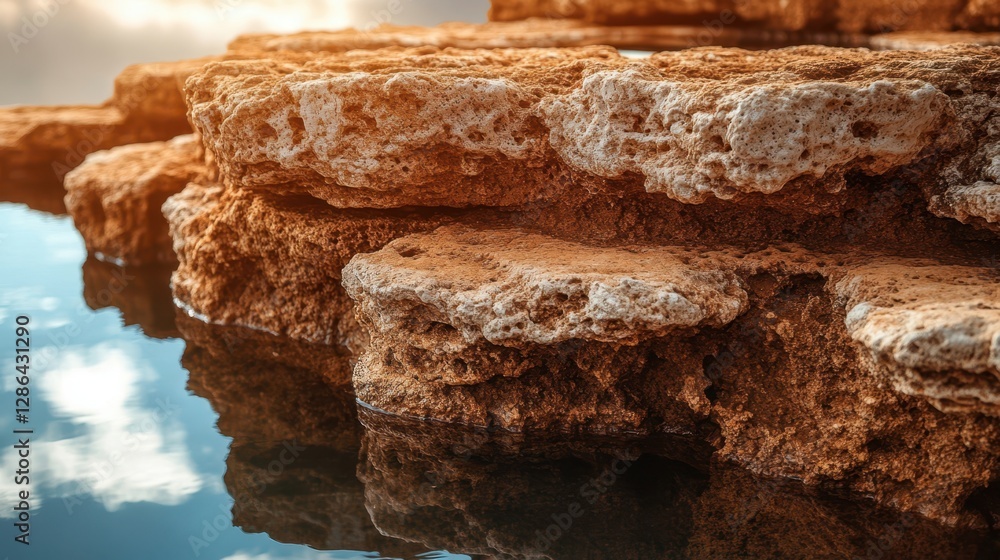 Poster a serene stone ledge features a tranquil small pool of clear water, creating a peaceful natural scen