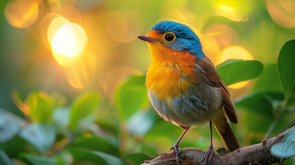Obraz premium A Vibrant Blue and Orange Songbird Perched on a Branch in a Lush Green Forest with Golden Sunlight and Beautiful Bokeh Effect in the Background