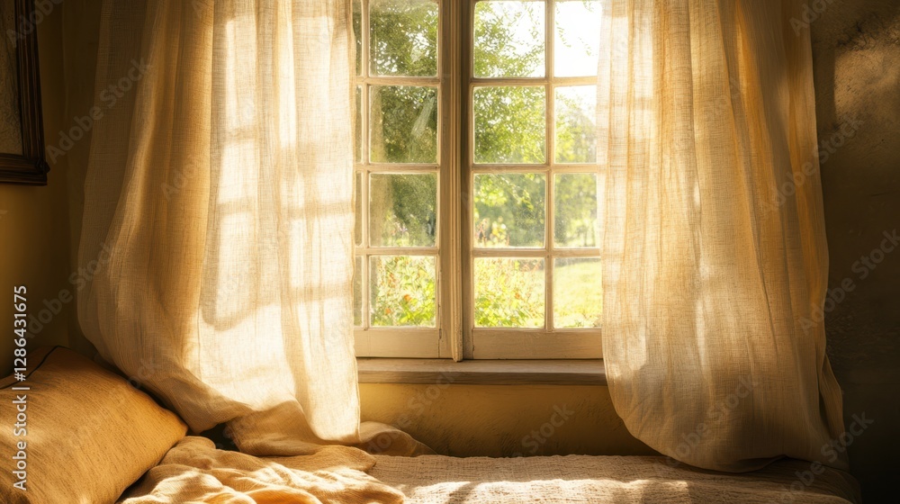 Poster sunlight streams through a window, casting warm rays onto a cozy bed adorned with a soft blanket, cr