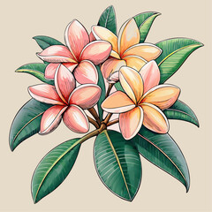 Botanical Illustration of Tropical Plumeria Flowers with Pink and Yellow Blooms in Watercolor Style