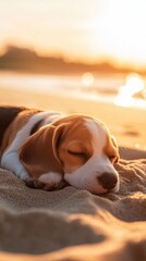 Serene Beach Nap: A beagle dog peacefully sleeps on a sandy beach during a golden sunset, basking in the warm, tranquil ambiance.