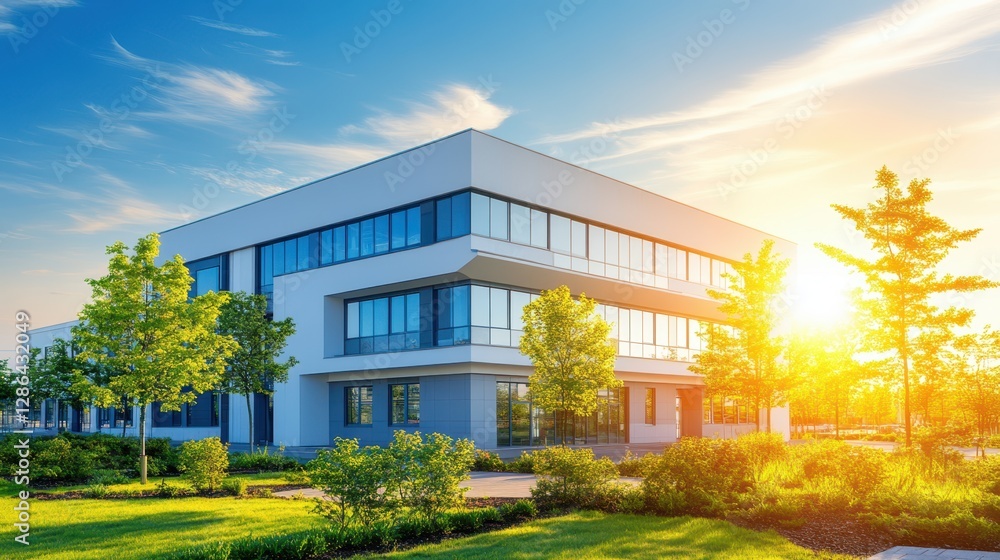 Poster a modern building featuring numerous windows surrounded by lush greenery and trees, creating a harmo