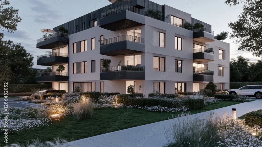 Poster a sleek modern apartment building showcases contemporary architecture, featuring large windows and a