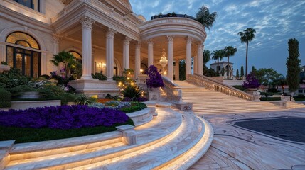 Obraz premium Elegant mansion with grand staircase adorned with flowers, under a twilight sky in a luxurious setting