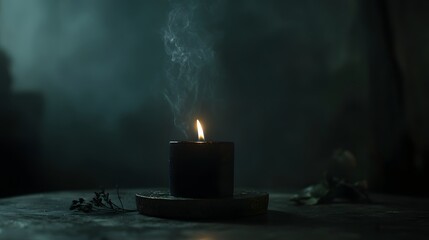 Candle is lit in a dark room. The candle is surrounded by a small plate and a leaf