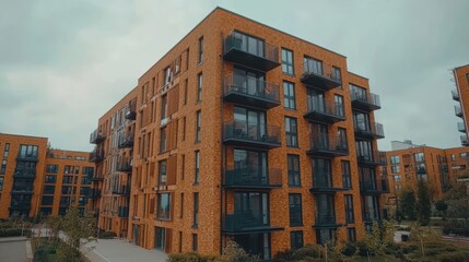 A tall brick building featuring multiple balconies at the top, showcasing architectural design and urban living.