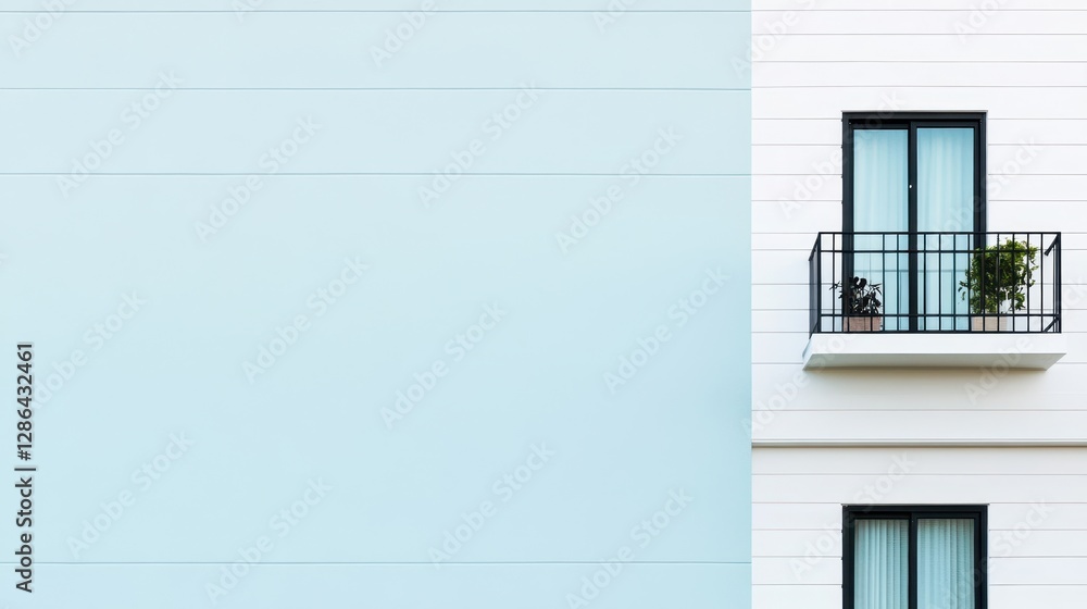 Poster a white building features a balcony adorned with a vibrant plant, showcasing a blend of architecture