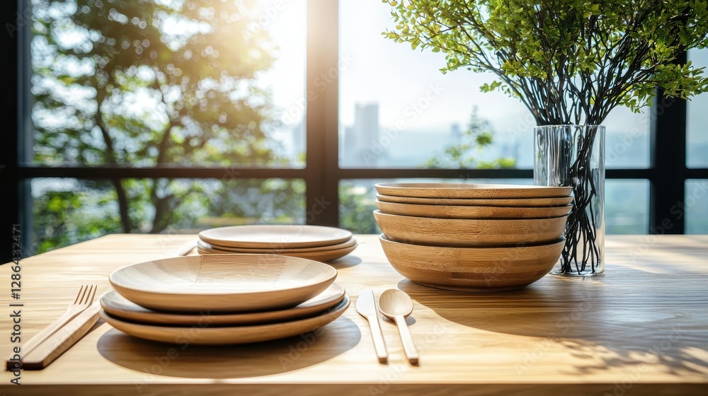 Aufkleber sustainable dining experience with recyclable tableware stacked on rustic wooden table in bright day
