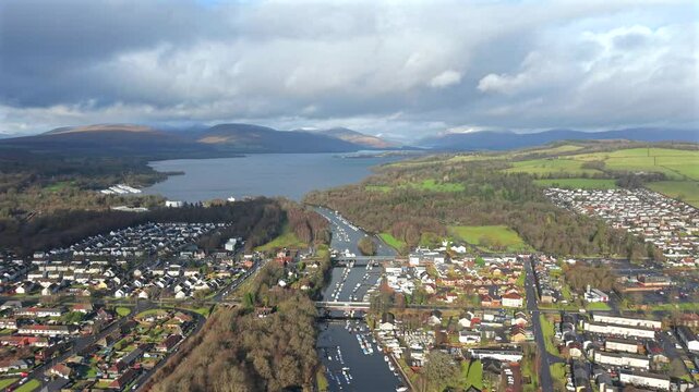Aerial river Leven in Balloch Scotland shore Loch Lomond with marina
