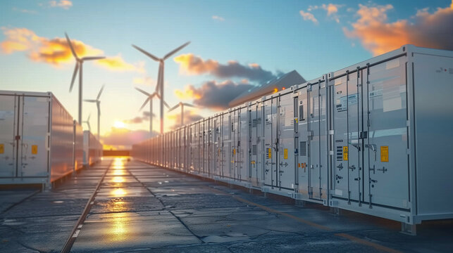 An array of modern energy storage containers in a renewable energy facility with wind turbines in the background under a vibrant sunset sky