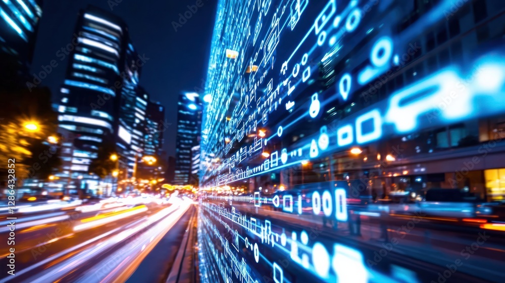Poster abstract representation of digital data flow with urban night scene and light trails