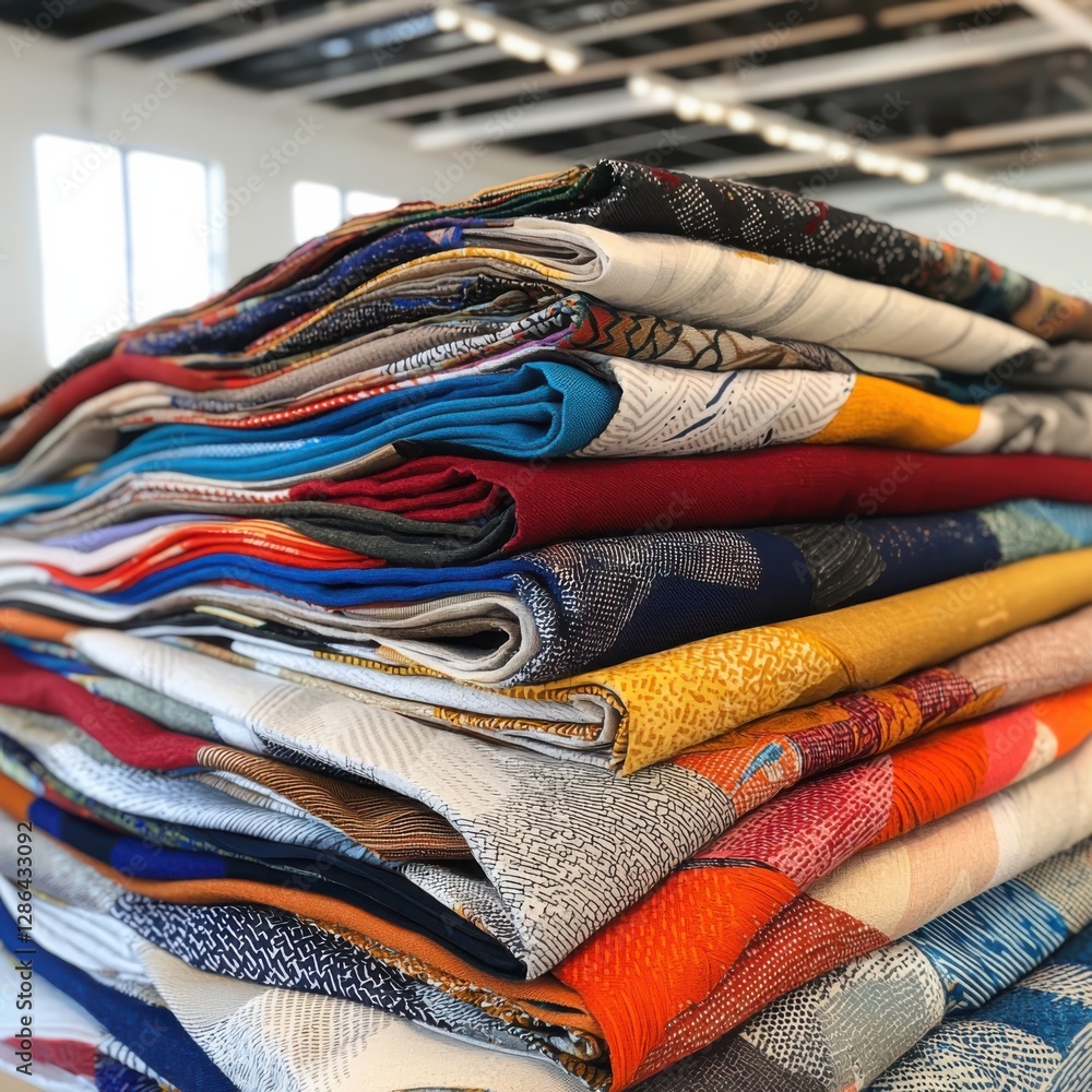 Poster vibrant recycled textiles showcase well-lit studio fabric patterns and textures angled view creative