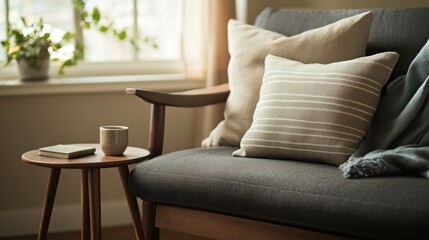 Cozy Home Interior with Chair, Pillows, Table, Book and Morning Light