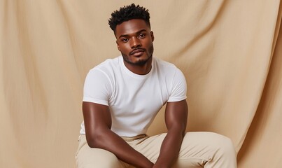 Man in neutral tones, studio portrait, casual wear