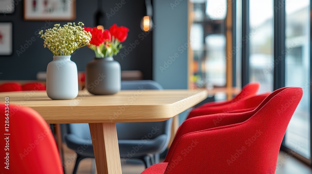 Poster a vibrant setting featuring red chairs surrounding a table adorned with elegant vases filled with co