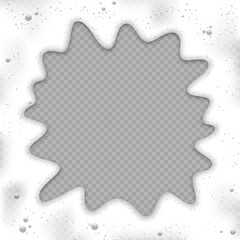 White foam splash frame with bubbles on transparent background. Foam of soap, beer, milk, fizzy drink, shampoo, detergent in shape of circle with realistic liquid texture. Vector illustration.