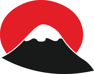 Minimal Japanese mountain and red sun symbol, abstract Fuji silhouette logo design, traditional Asian style illustration