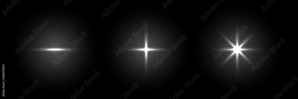 Aufkleber sparkle lights with flare effect. white glared glow stars of different shapes on black background. f